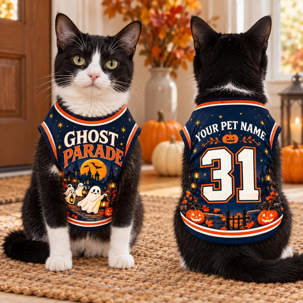 Ghost Parade Pet Jersey, Personalized Dog Name Number Shirt, Halloween Pet Top, Pumpkin Costume, Spooky Season Dog Gift
