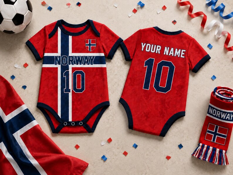 Norway Baby Bodysuit, Personalized Soccer Jersey Outfit, Custom Name Number, Newborn Football Fan Gift