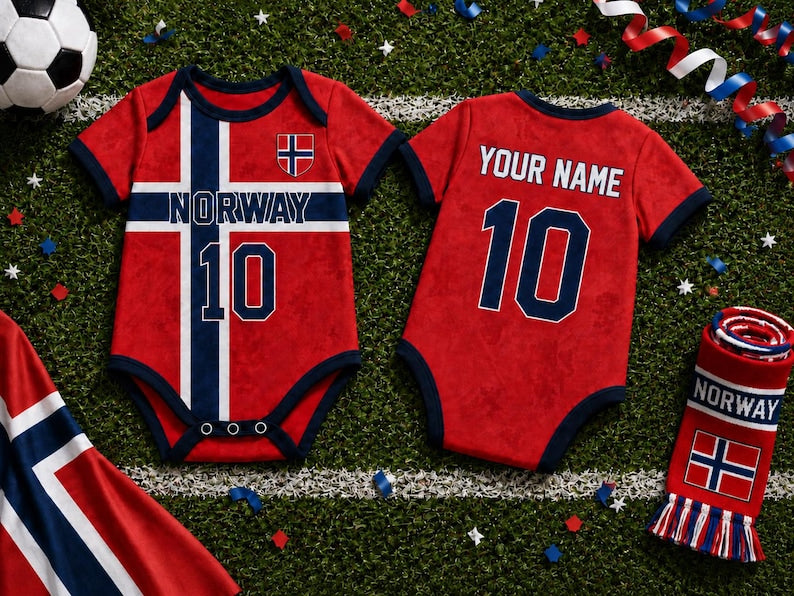 Norway Baby Bodysuit, Personalized Soccer Jersey Outfit, Custom Name Number, Newborn Football Fan Gift