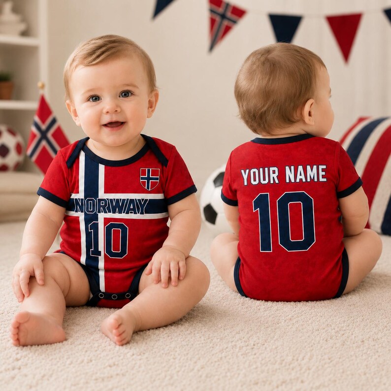 Norway Baby Bodysuit, Personalized Soccer Jersey Outfit, Custom Name Number, Newborn Football Fan Gift
