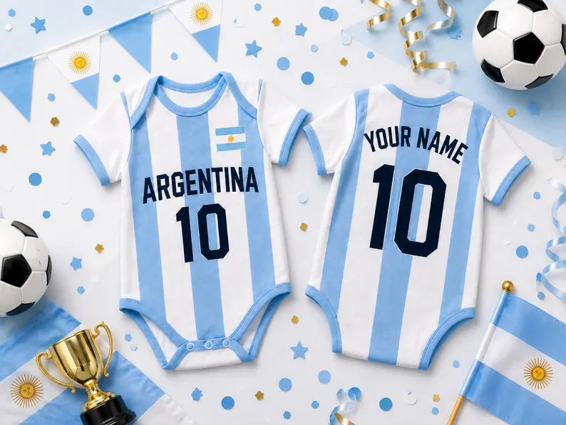 Custom Argentina Baby Bodysuit, Personalized Soccer Jersey Romper, Argentina Baby Football Outfit, Newborn Fan Gift