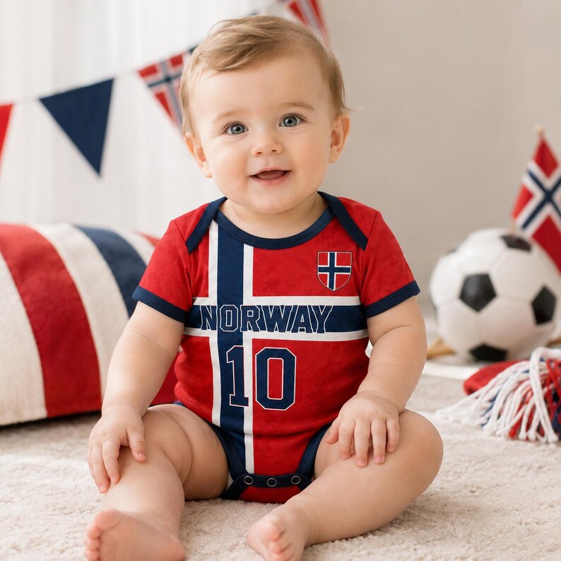 Norway Baby Bodysuit, Personalized Soccer Jersey Outfit, Custom Name Number, Newborn Football Fan Gift