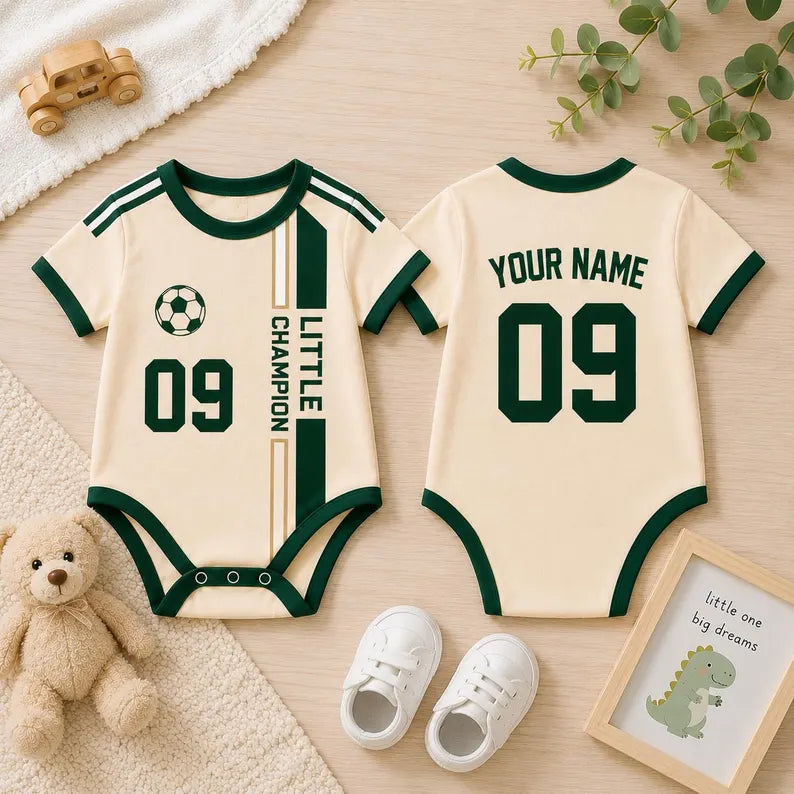 Little Champion Baby Romper, Custom Name Number Football Jersey, Green Newborn Match Day Outfit, First Birthday Gift, Sports Fan Wear