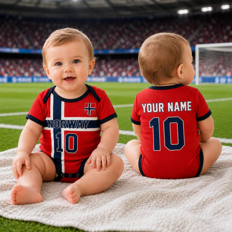 Norway Baby Bodysuit, Personalized Soccer Jersey Outfit, Custom Name Number, Newborn Football Fan Gift