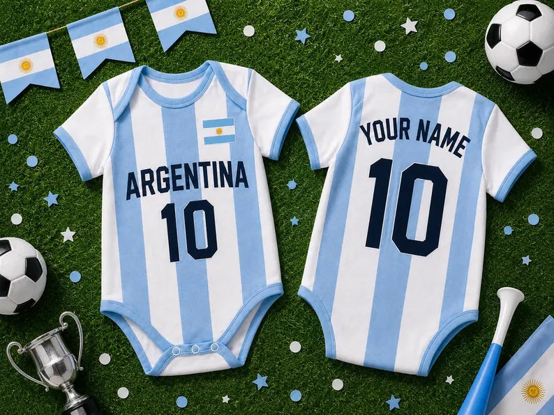 Custom Argentina Baby Bodysuit, Personalized Soccer Jersey Romper, Argentina Baby Football Outfit, Newborn Fan Gift