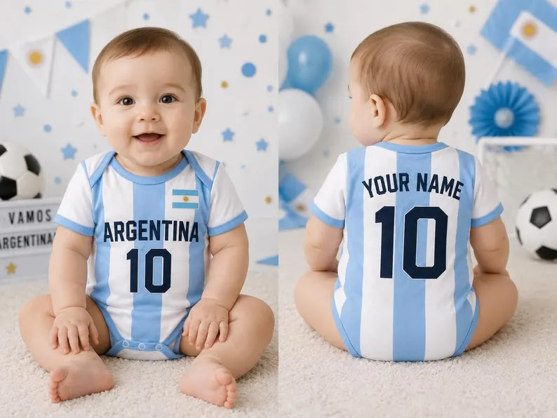 Custom Argentina Baby Bodysuit, Personalized Soccer Jersey Romper, Argentina Baby Football Outfit, Newborn Fan Gift