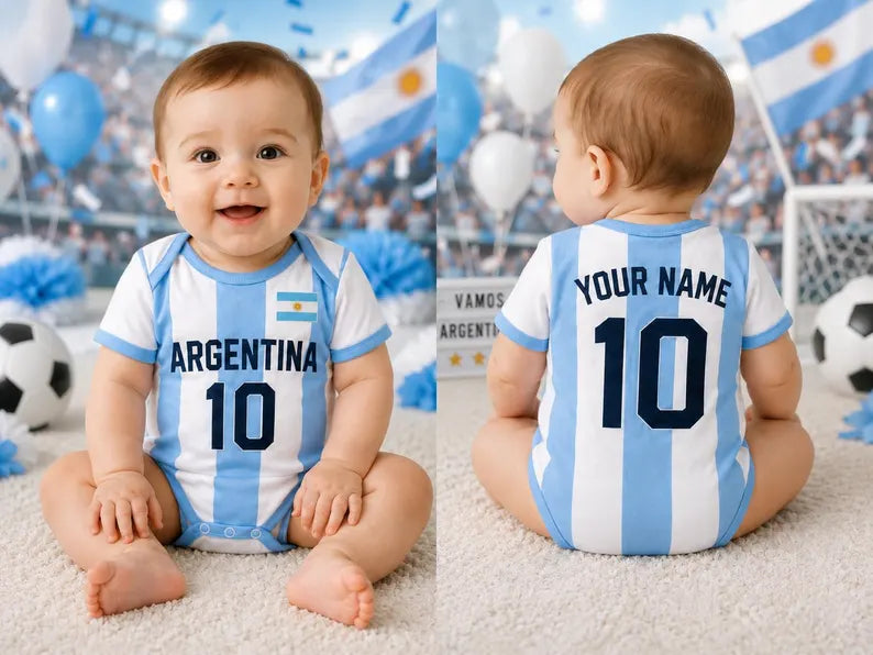 Custom Argentina Baby Bodysuit, Personalized Soccer Jersey Romper, Argentina Baby Football Outfit, Newborn Fan Gift