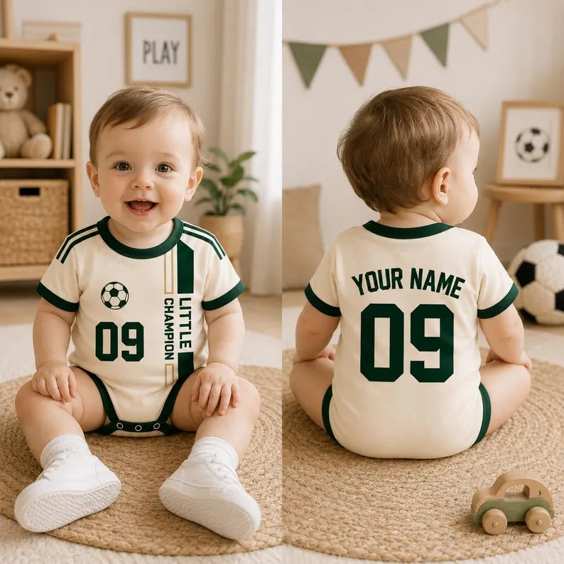 Little Champion Baby Romper, Custom Name Number Football Jersey, Green Newborn Match Day Outfit, First Birthday Gift, Sports Fan Wear