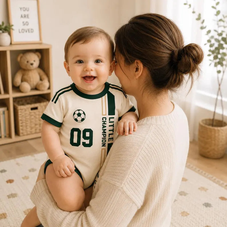 Little Champion Baby Romper, Custom Name Number Football Jersey, Green Newborn Match Day Outfit, First Birthday Gift, Sports Fan Wear