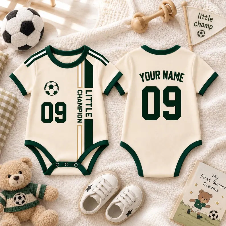 Little Champion Baby Romper, Custom Name Number Football Jersey, Green Newborn Match Day Outfit, First Birthday Gift, Sports Fan Wear