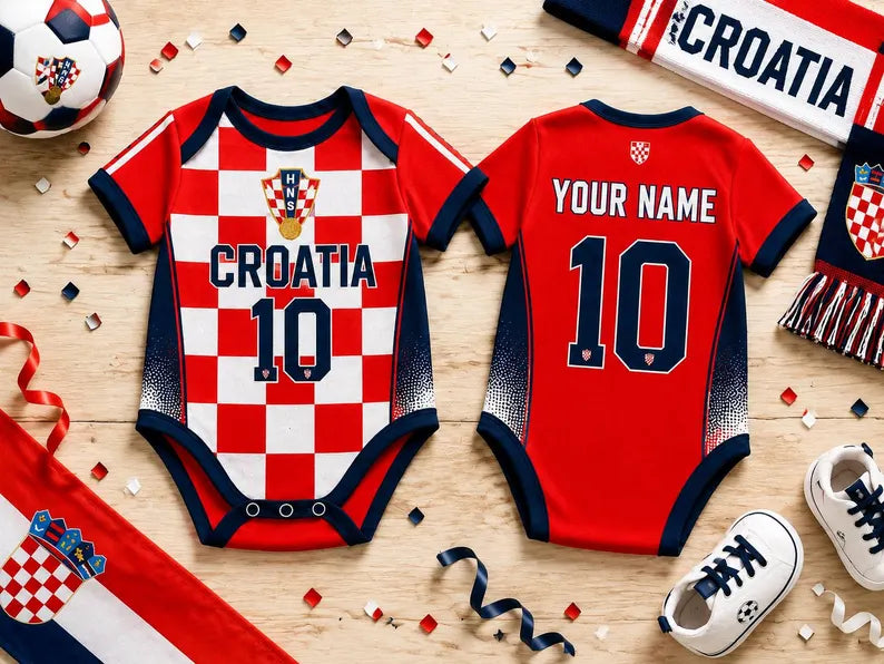 Croatia Baby Bodysuit, Personalized Soccer Jersey Romper, Custom Name Number Infant Outfit, Croatian Football Fan Gift, Baby Shower Gift