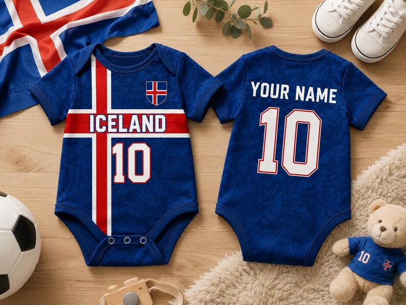Iceland Baby Bodysuit, Personalized Soccer Jersey Romper, Custom Name Number Infant Outfit, Icelandic Football Fan Gift