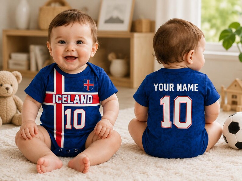 Iceland Baby Bodysuit, Personalized Soccer Jersey Romper, Custom Name Number Infant Outfit, Icelandic Football Fan Gift