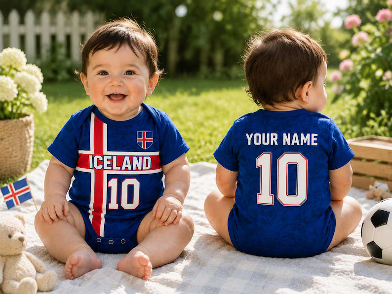 Iceland Baby Bodysuit, Personalized Soccer Jersey Romper, Custom Name Number Infant Outfit, Icelandic Football Fan Gift