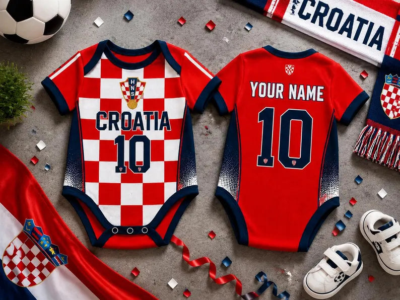 Croatia Baby Bodysuit, Personalized Soccer Jersey Romper, Custom Name Number Infant Outfit, Croatian Football Fan Gift, Baby Shower Gift