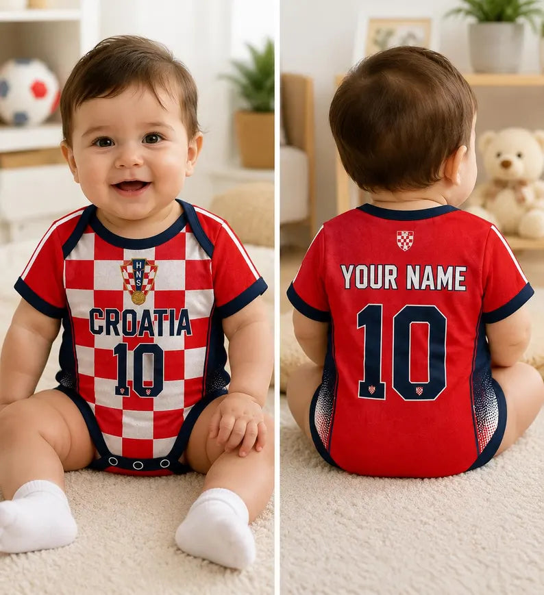 Croatia Baby Bodysuit, Personalized Soccer Jersey Romper, Custom Name Number Infant Outfit, Croatian Football Fan Gift, Baby Shower Gift