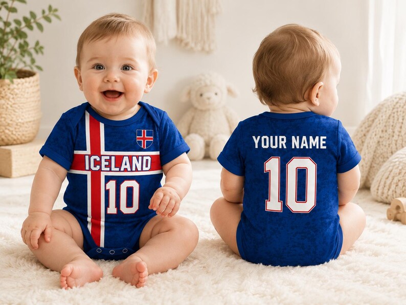 Iceland Baby Bodysuit, Personalized Soccer Jersey Romper, Custom Name Number Infant Outfit, Icelandic Football Fan Gift