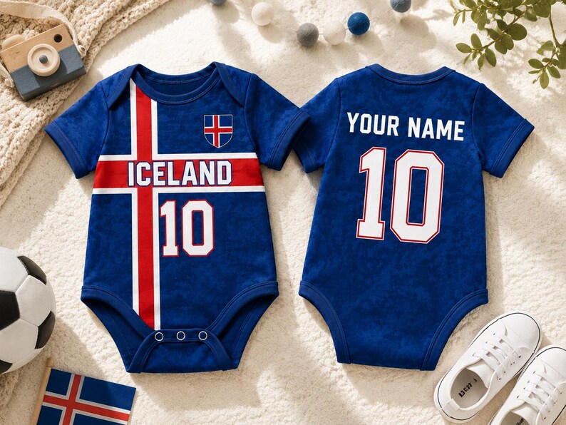 Iceland Baby Bodysuit, Personalized Soccer Jersey Romper, Custom Name Number Infant Outfit, Icelandic Football Fan Gift