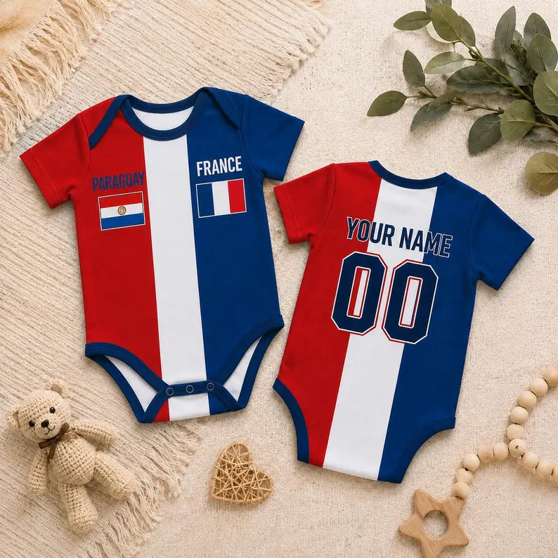 Custom Soccer Baby Bodysuit, Personalized Two Country Flag Football Onesie, Name Number Baby Shower Gift, World Cup Newborn Outfit Fan Gift