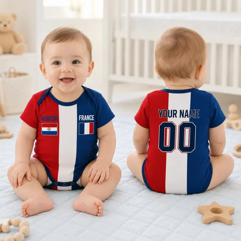Custom Soccer Baby Bodysuit, Personalized Two Country Flag Football Onesie, Name Number Baby Shower Gift, World Cup Newborn Outfit Fan Gift