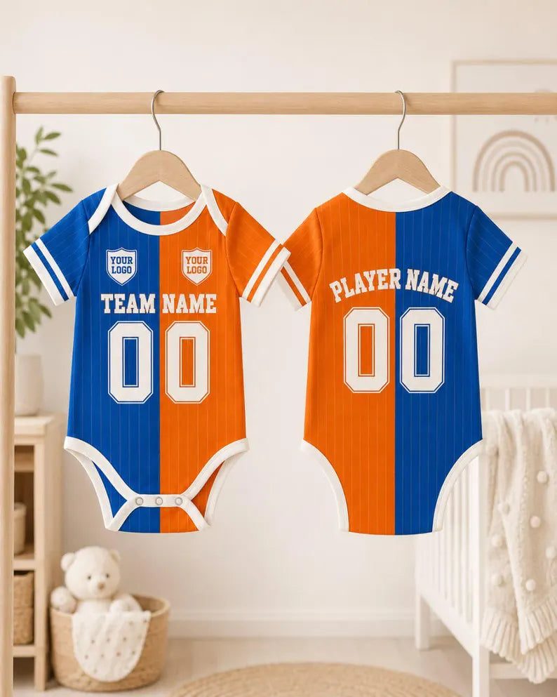 Custom Team Baby Romper, Blue Orange Split Color Bodysuit, Personalized Name Number Outfit, Varsity Game Day Baby Gift