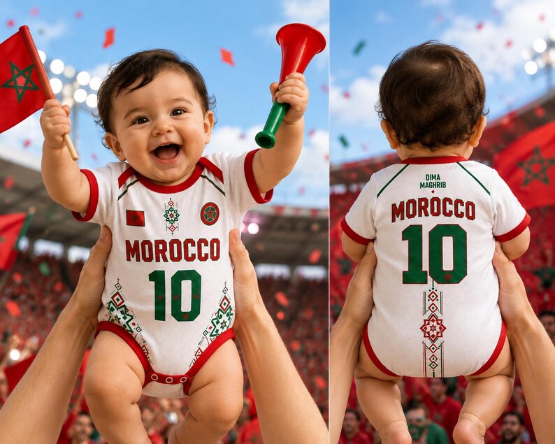 Morocco Baby Bodysuit, Personalized Soccer Jersey Outfit, Custom Name Number, Newborn Football Fan Gift, Game Day Baby