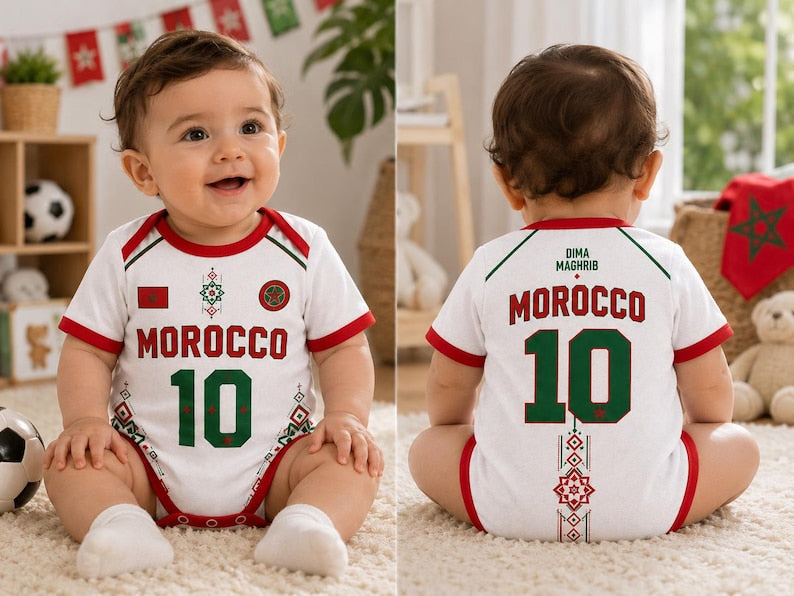 Morocco Baby Bodysuit, Personalized Soccer Jersey Outfit, Custom Name Number, Newborn Football Fan Gift, Game Day Baby