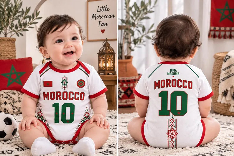 Morocco Baby Bodysuit, Personalized Soccer Jersey Outfit, Custom Name Number, Newborn Football Fan Gift, Game Day Baby