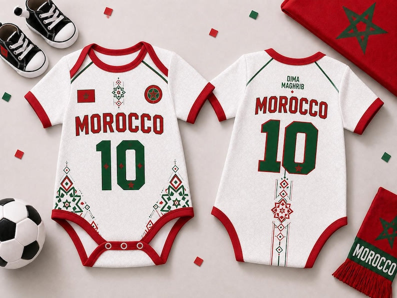 Morocco Baby Bodysuit, Personalized Soccer Jersey Outfit, Custom Name Number, Newborn Football Fan Gift, Game Day Baby