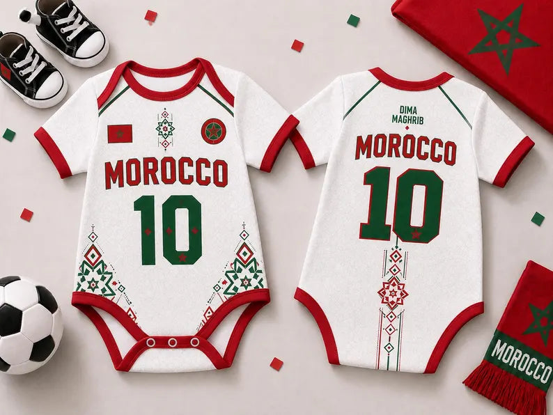 Morocco Baby Bodysuit, Personalized Soccer Jersey Outfit, Custom Name Number, Newborn Football Fan Gift, Game Day Baby