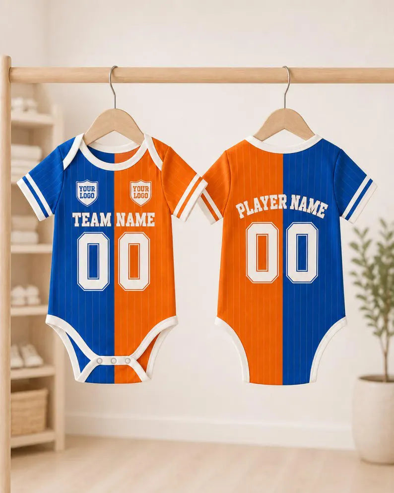 Custom Team Baby Romper, Blue Orange Split Color Bodysuit, Personalized Name Number Outfit, Varsity Game Day Baby Gift