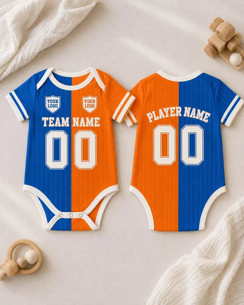 Custom Team Baby Romper, Blue Orange Split Color Bodysuit, Personalized Name Number Outfit, Varsity Game Day Baby Gift