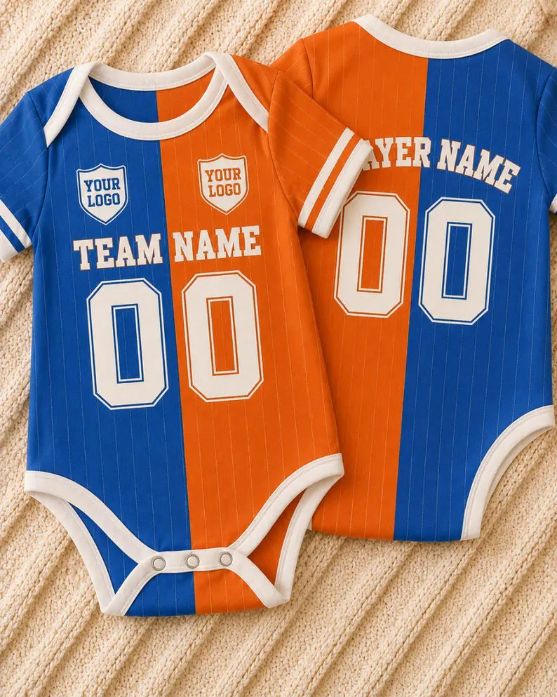 Custom Team Baby Romper, Blue Orange Split Color Bodysuit, Personalized Name Number Outfit, Varsity Game Day Baby Gift