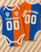 Custom Team Baby Romper, Blue Orange Split Color Bodysuit, Personalized Name Number Outfit, Varsity Game Day Baby Gift