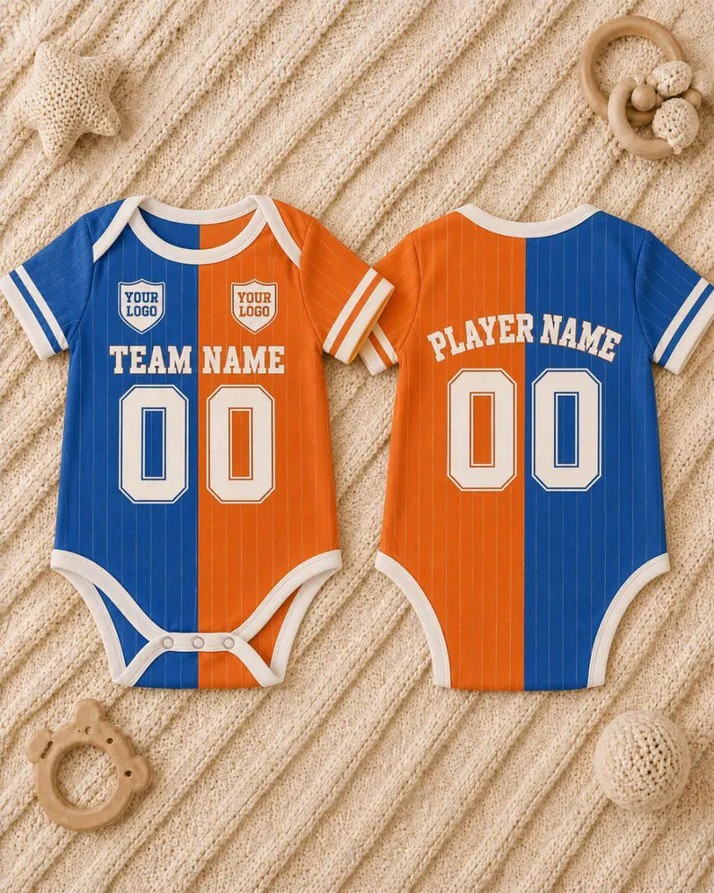 Custom Team Baby Romper, Blue Orange Split Color Bodysuit, Personalized Name Number Outfit, Varsity Game Day Baby Gift