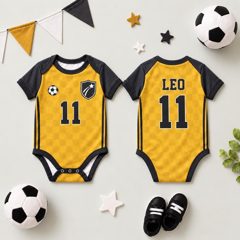 Personalized Soccer Baby Bodysuit, Custom Name Number Football Outfit, Yellow Black Baby Jersey, Baby Shower Gift