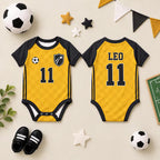 Personalized Soccer Baby Bodysuit, Custom Name Number Football Outfit, Yellow Black Baby Jersey, Baby Shower Gift