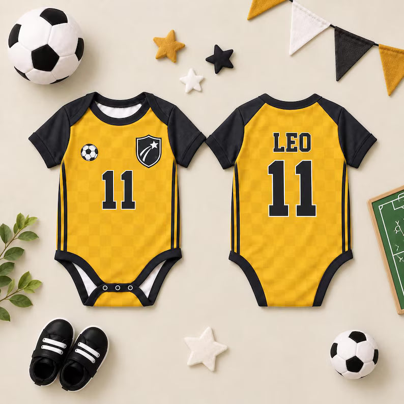 Personalized Soccer Baby Bodysuit, Custom Name Number Football Outfit, Yellow Black Baby Jersey, Baby Shower Gift