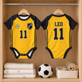 Personalized Soccer Baby Bodysuit, Custom Name Number Football Outfit, Yellow Black Baby Jersey, Baby Shower Gift
