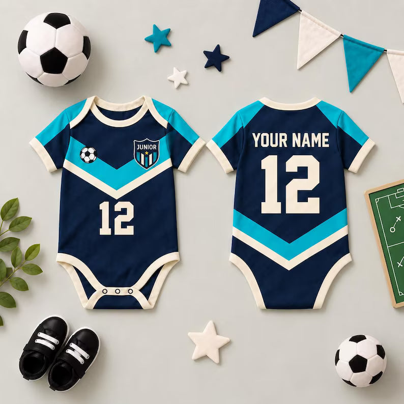 Baby Soccer Jersey Bodysuit, Custom Name Number Football Outfit, Navy Teal Sports Baby Shirt, Game Day Baby Gift