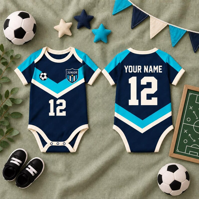 Baby Soccer Jersey Bodysuit, Custom Name Number Football Outfit, Navy Teal Sports Baby Shirt, Game Day Baby Gift