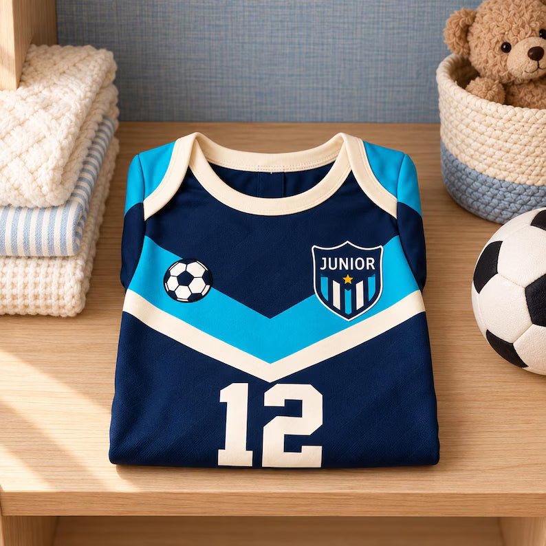 Baby Soccer Jersey Bodysuit, Custom Name Number Football Outfit, Navy Teal Sports Baby Shirt, Game Day Baby Gift