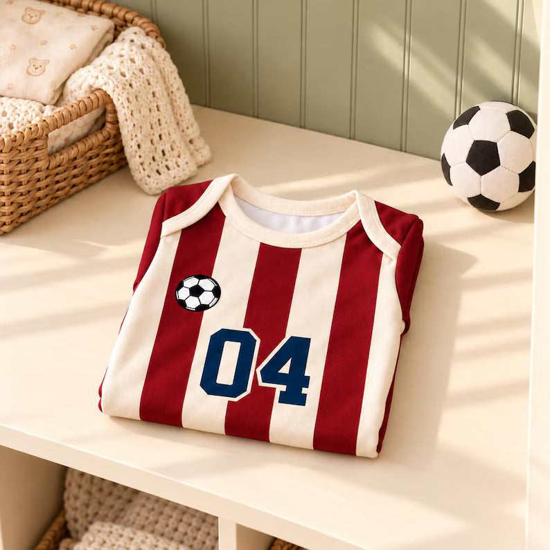 Striped Soccer Baby Bodysuit, Personalized Name Number Football Jersey, Red Cream Baby Sports Outfit, Game Day Baby Gift