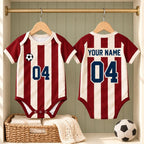Striped Soccer Baby Bodysuit, Personalized Name Number Football Jersey, Red Cream Baby Sports Outfit, Game Day Baby Gift