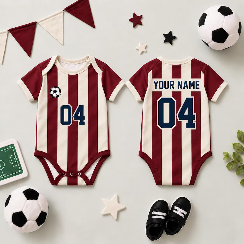 Striped Soccer Baby Bodysuit, Personalized Name Number Football Jersey, Red Cream Baby Sports Outfit, Game Day Baby Gift