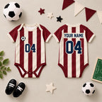 Striped Soccer Baby Bodysuit, Personalized Name Number Football Jersey, Red Cream Baby Sports Outfit, Game Day Baby Gift