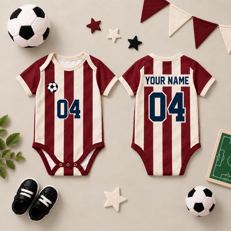 Striped Soccer Baby Bodysuit, Personalized Name Number Football Jersey, Red Cream Baby Sports Outfit, Game Day Baby Gift