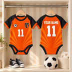 Orange Soccer Baby Bodysuit, Personalized Name Number Football Outfit, Black Orange Baby Jersey, Game Day Baby Gift