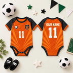 Orange Soccer Baby Bodysuit, Personalized Name Number Football Outfit, Black Orange Baby Jersey, Game Day Baby Gift