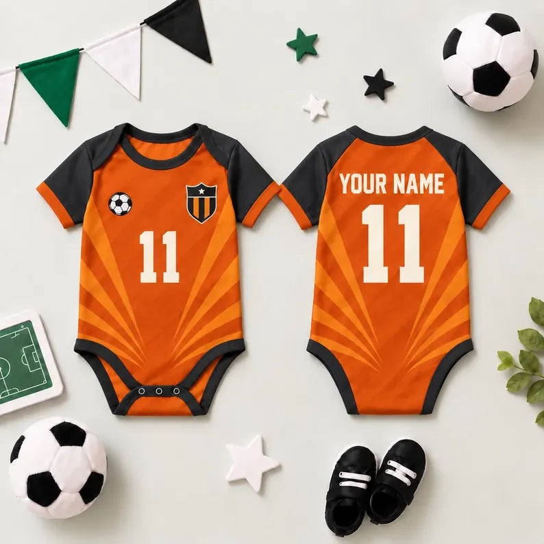 Orange Soccer Baby Bodysuit, Personalized Name Number Football Outfit, Black Orange Baby Jersey, Game Day Baby Gift